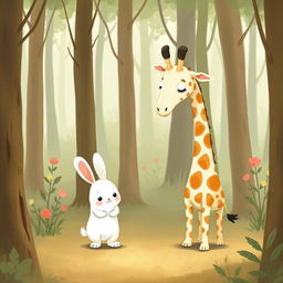 In a whimsical forest, a cute little white rabbit and an adorable giraffe are standing together with expressions of helplessness and confusion