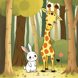 In a whimsical forest, a cute little white rabbit and an adorable giraffe are standing together with expressions of helplessness and confusion