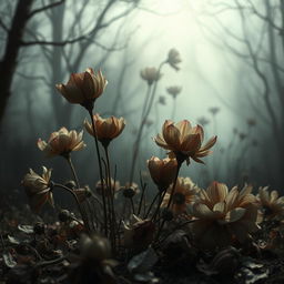 A captivating scene centered around the mystery of withered flowers, featuring wilted blossoms in various shades of muted colors