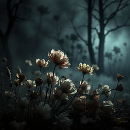 A captivating scene centered around the mystery of withered flowers, featuring wilted blossoms in various shades of muted colors