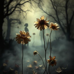 A captivating scene centered around the mystery of withered flowers, featuring wilted blossoms in various shades of muted colors