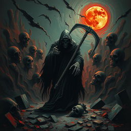 An intense and surreal depiction of Death lurking in a nightmarish landscape