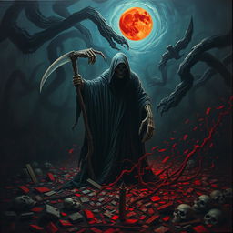 An intense and surreal depiction of Death lurking in a nightmarish landscape