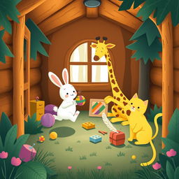Inside a cozy cabin in a whimsical forest, a cute little white rabbit, an adorable giraffe, and a charming little yellow cat are happily playing with colorful toys