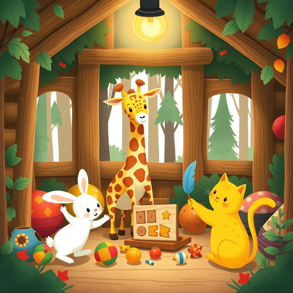 Inside a cozy cabin in a whimsical forest, a cute little white rabbit, an adorable giraffe, and a charming little yellow cat are happily playing with colorful toys