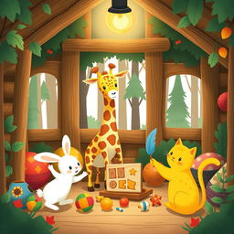 Inside a cozy cabin in a whimsical forest, a cute little white rabbit, an adorable giraffe, and a charming little yellow cat are happily playing with colorful toys