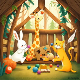 Inside a cozy cabin in a whimsical forest, a cute little white rabbit, an adorable giraffe, and a charming little yellow cat are happily playing with colorful toys
