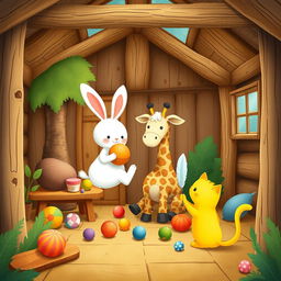 Inside a cozy cabin in a whimsical forest, a cute little white rabbit, an adorable giraffe, and a charming little yellow cat are happily playing with colorful toys