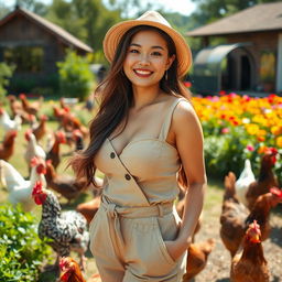 A stunning Indo-South Korean woman with large breasts, elegantly dressed in a chic and comfortable poultry farmer's outfit, enjoying a leisurely day on a lavish chicken farm