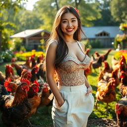 A stunning Indo-South Korean woman with large breasts, elegantly dressed in a chic and comfortable poultry farmer's outfit, enjoying a leisurely day on a lavish chicken farm