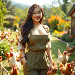 A stunning Indo-South Korean woman with large breasts, elegantly dressed in a chic and comfortable poultry farmer's outfit, enjoying a leisurely day on a lavish chicken farm