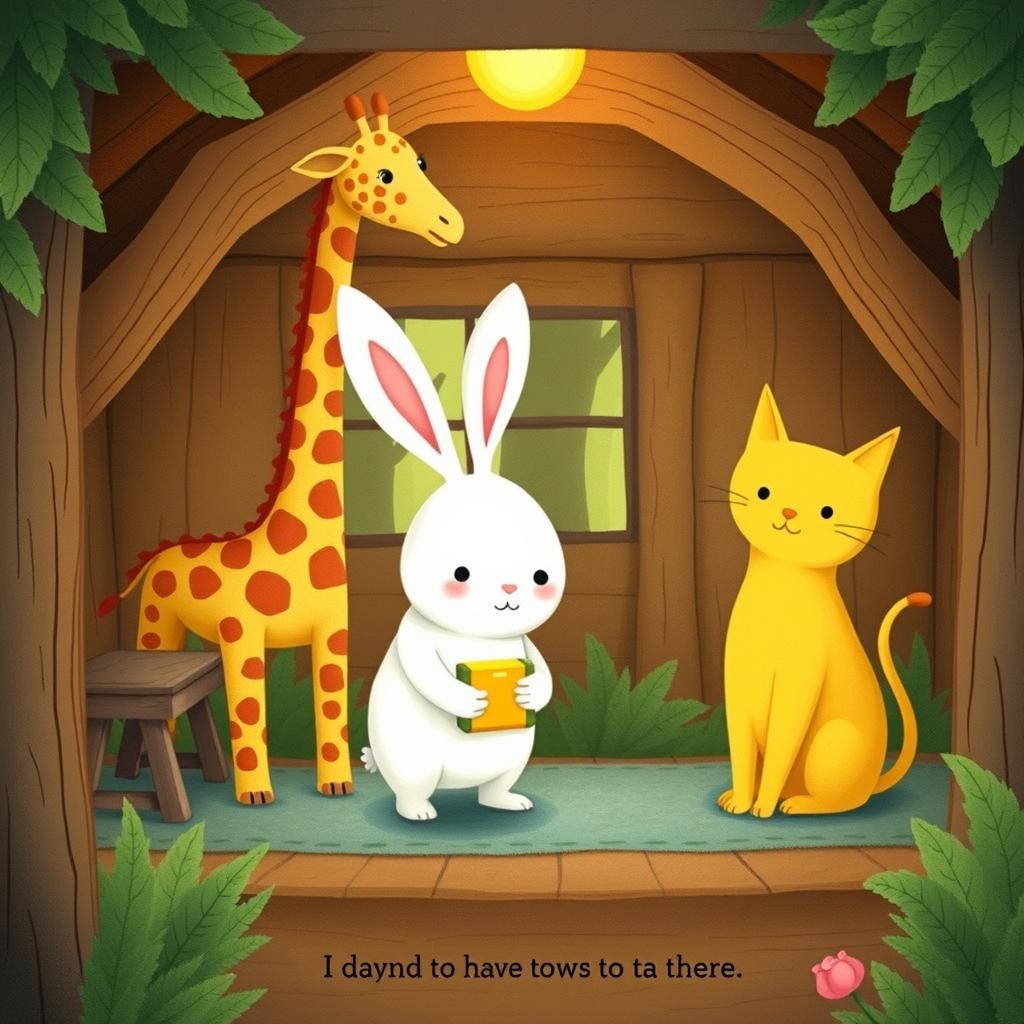 Inside a cozy cabin nestled in a whimsical forest, a cute little white rabbit is awkwardly standing between an adorable giraffe and a charming little yellow cat, holding a bright yellow toy car in its paws