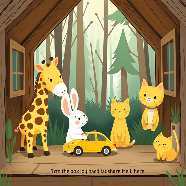 Inside a cozy cabin nestled in a whimsical forest, a cute little white rabbit is awkwardly standing between an adorable giraffe and a charming little yellow cat, holding a bright yellow toy car in its paws