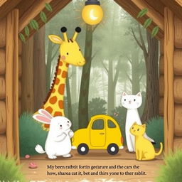 Inside a cozy cabin nestled in a whimsical forest, a cute little white rabbit is awkwardly standing between an adorable giraffe and a charming little yellow cat, holding a bright yellow toy car in its paws