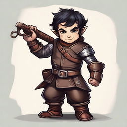 A roguish male halfling with fair skin and black hair, wearing worn, dirty leather armor