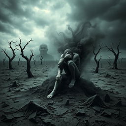 A haunting representation of existential despair featuring a solitary figure seated in a desolate, barren landscape