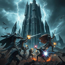 An epic battle taking place at the towering Black Tower, shrouded in darkness and mystery