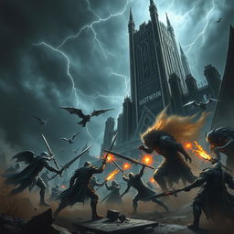 An epic battle taking place at the towering Black Tower, shrouded in darkness and mystery