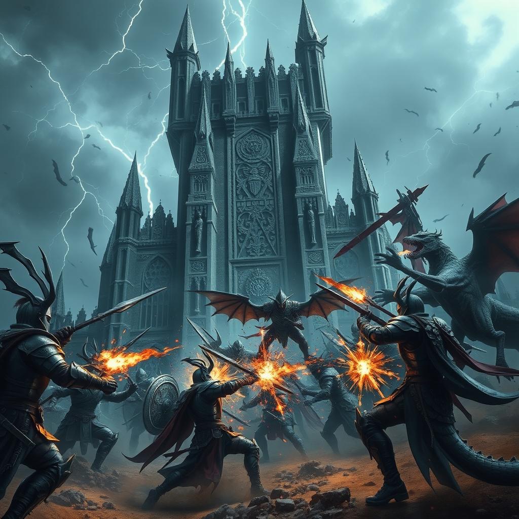 An epic battle taking place at the towering Black Tower, shrouded in darkness and mystery