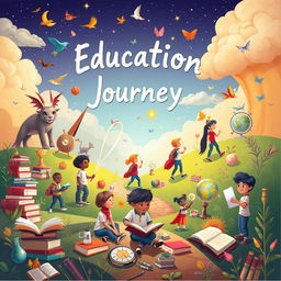 An inspiring and imaginative scene representing education as an exciting journey rather than just hard lessons and exams