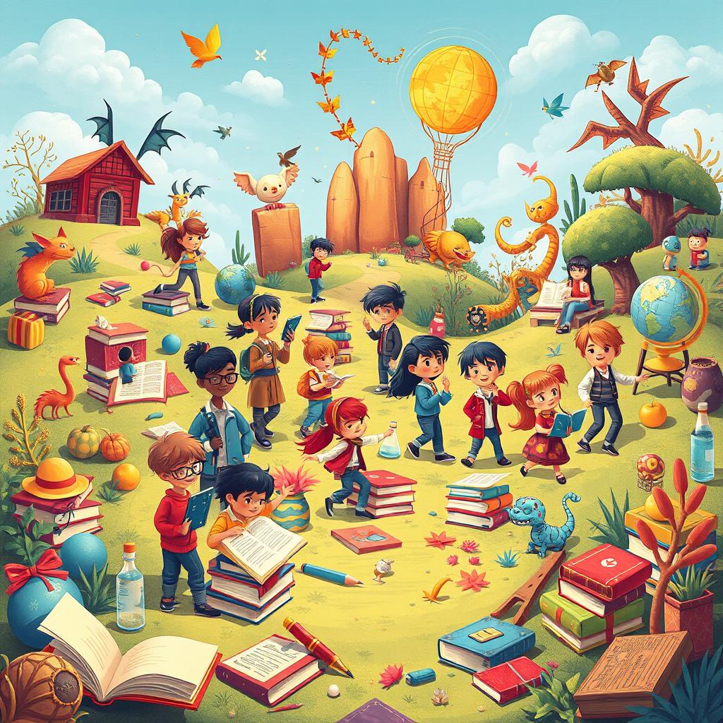 An inspiring and imaginative scene representing education as an exciting journey rather than just hard lessons and exams