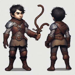 A roguish male halfling with fair skin and black hair, wearing worn, dirty leather armor