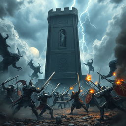 An epic battle scene at the towering Black Tower, engulfed in a dramatic atmosphere