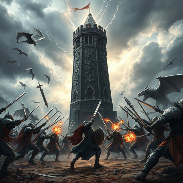 An epic battle scene at the towering Black Tower, engulfed in a dramatic atmosphere