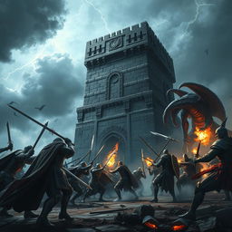 An epic battle scene at the towering Black Tower, engulfed in a dramatic atmosphere