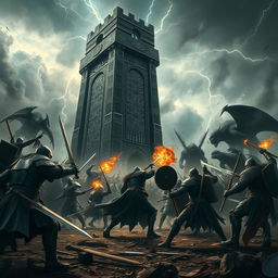 An epic battle scene at the towering Black Tower, engulfed in a dramatic atmosphere