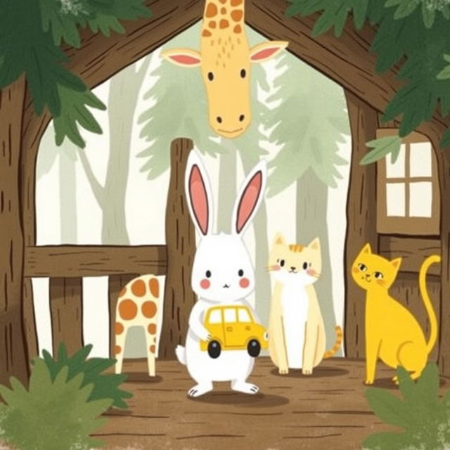 Inside a cozy forest cabin, a cute little white rabbit stands in the middle of a gentle giraffe and a charming yellow cat, looking quite flustered as it holds a bright yellow toy car