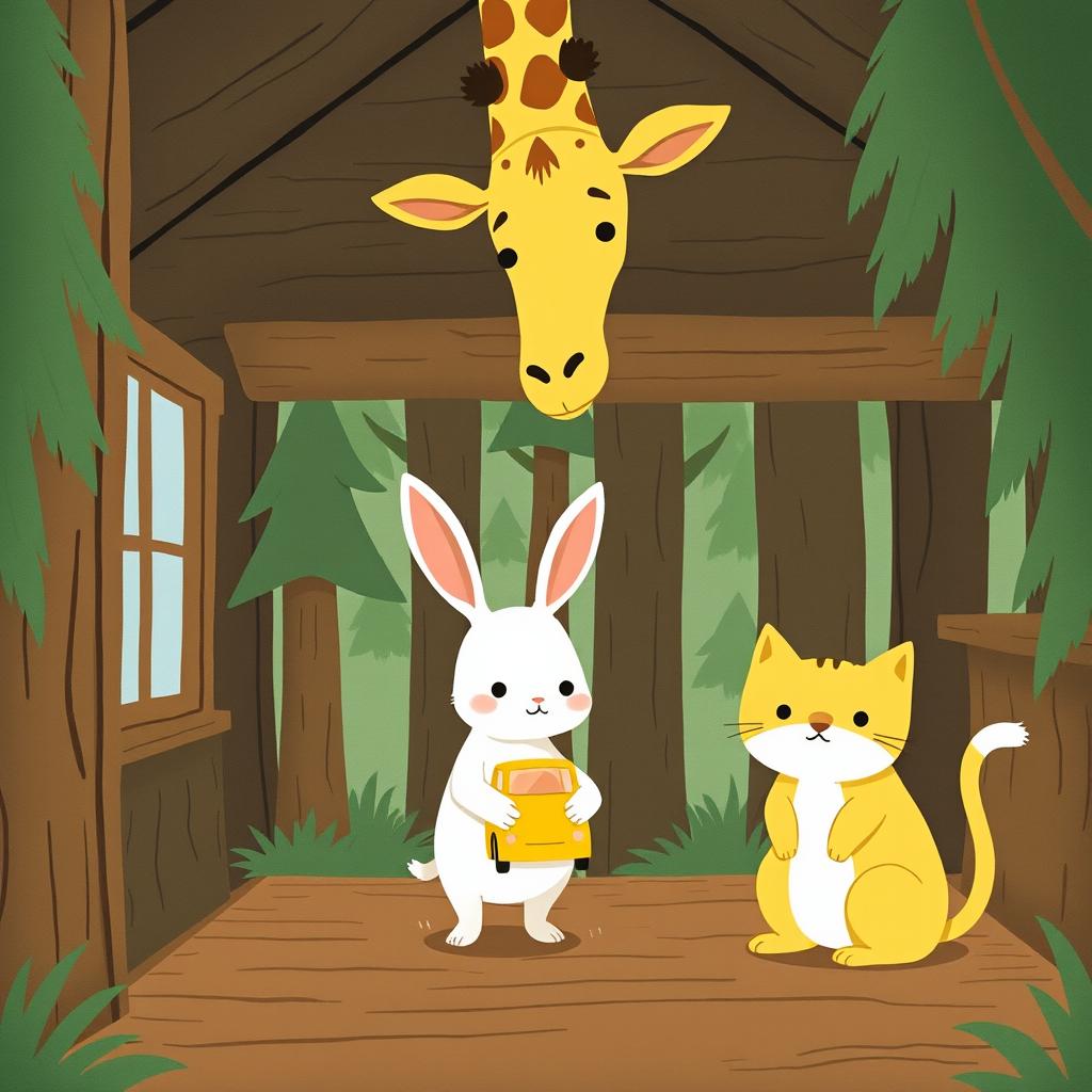 Inside a cozy forest cabin, a cute little white rabbit stands in the middle of a gentle giraffe and a charming yellow cat, looking quite flustered as it holds a bright yellow toy car