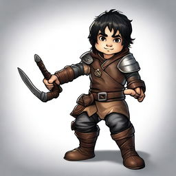 A roguish male halfling with fair skin and black hair, wearing worn, dirty leather armor