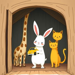 Inside a cozy forest cabin, a cute little white rabbit stands in the middle of a gentle giraffe and a charming yellow cat, looking quite flustered as it holds a bright yellow toy car