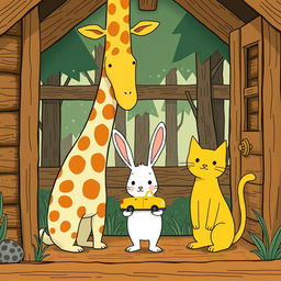 Inside a cozy forest cabin, a cute little white rabbit stands in the middle of a gentle giraffe and a charming yellow cat, looking quite flustered as it holds a bright yellow toy car