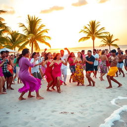 A vibrant beach scene featuring a lively salsa dance party, with a diverse group of dancers in colorful clothing joyfully moving to the rhythm