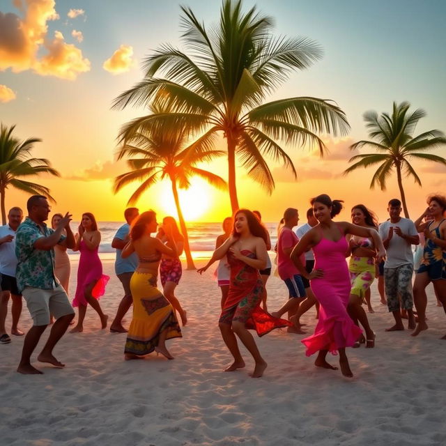 A vibrant beach scene featuring a lively salsa dance party, with a diverse group of dancers in colorful clothing joyfully moving to the rhythm