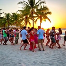A vibrant beach scene featuring a lively salsa dance party, with a diverse group of dancers in colorful clothing joyfully moving to the rhythm