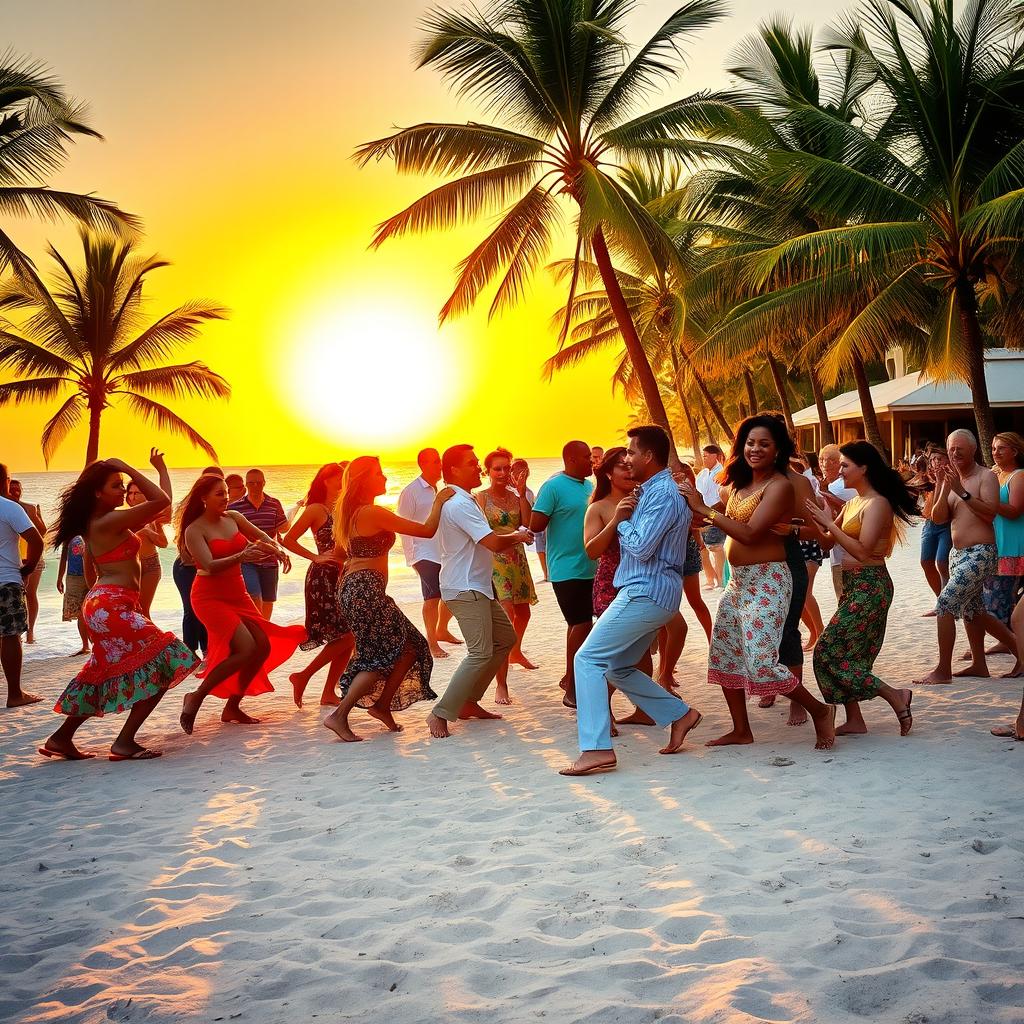 A vibrant beach scene featuring a lively salsa dance party, with a diverse group of dancers in colorful clothing joyfully moving to the rhythm