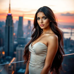 A stunningly beautiful woman with long flowing hair, wearing an elegant, form-fitting dress that accentuates her curves