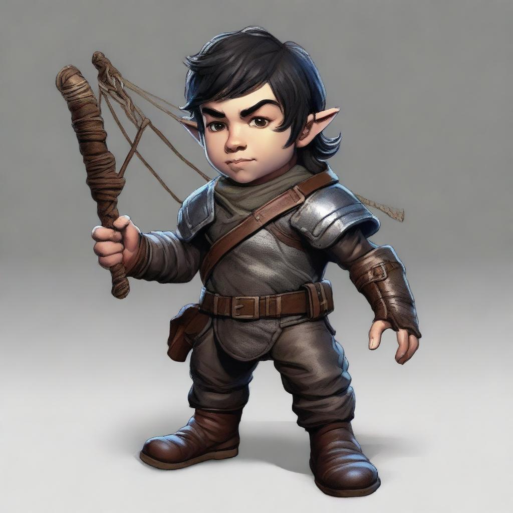 A roguish male halfling with fair skin and black hair, wearing worn, dirty leather armor