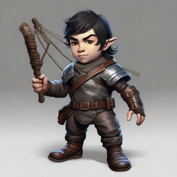 A roguish male halfling with fair skin and black hair, wearing worn, dirty leather armor