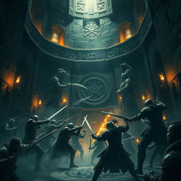An intense battle taking place inside the ominous Black Tower, characterized by dark stone walls and towering gothic architecture
