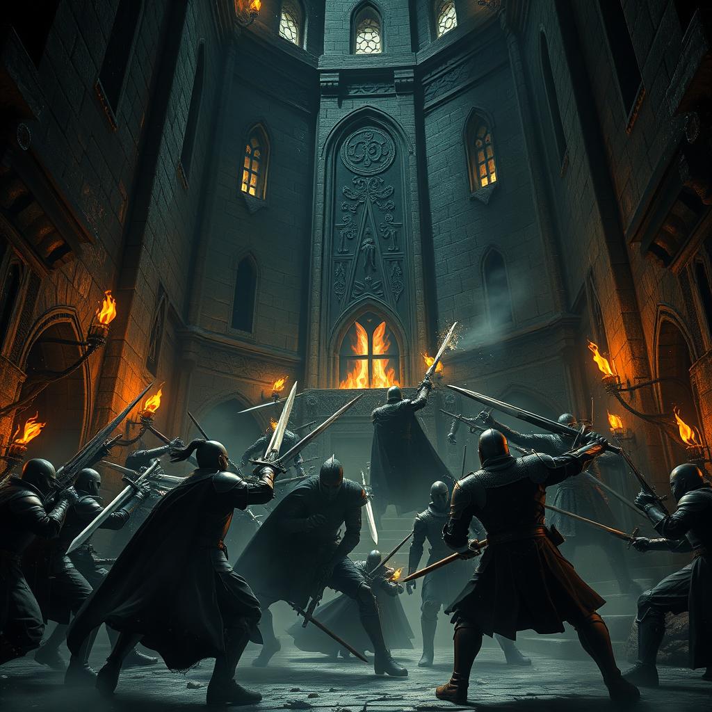 An intense battle taking place inside the ominous Black Tower, characterized by dark stone walls and towering gothic architecture