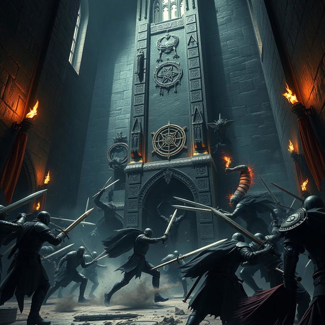 An intense battle taking place inside the ominous Black Tower, characterized by dark stone walls and towering gothic architecture