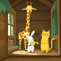 Inside a charming forest cabin, a cute little white rabbit stands between an adorable giraffe and a playful yellow cat, holding a bright yellow toy car