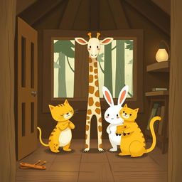 Inside a charming forest cabin, a cute little white rabbit stands between an adorable giraffe and a playful yellow cat, holding a bright yellow toy car
