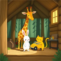 Inside a charming forest cabin, a cute little white rabbit stands between an adorable giraffe and a playful yellow cat, holding a bright yellow toy car