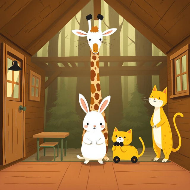 Inside a charming forest cabin, a cute little white rabbit stands between an adorable giraffe and a playful yellow cat, holding a bright yellow toy car