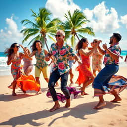 A vibrant Latin beach dance scene featuring a group of dancers performing lively salsa and merengue moves on a sun-kissed sandy beach